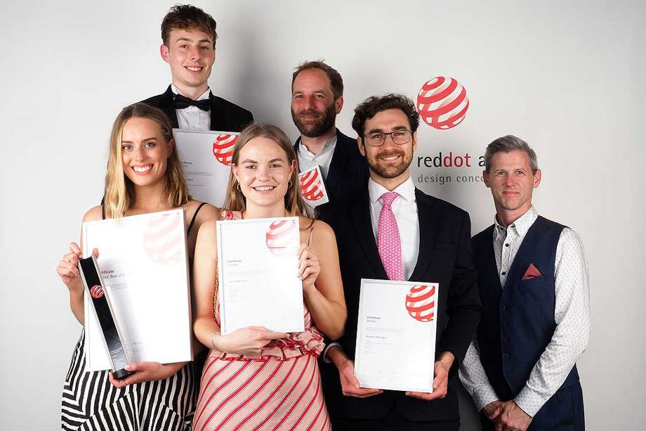 red-dot-2019.jpg Graduate Sian Hosking-Berge, students Liam Brankin and Lucy Polson, senior tutor Klaus Kremer, student William Lockwood-Geck and Head of Wellington School of Design Brian Lucid.